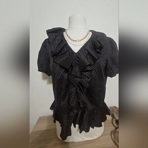 Ralph Lauren XL Cotton Black Polka Dot Ruffle Blouse.